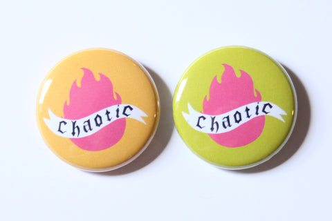 Chaotic One Inch Button in Green or Orange