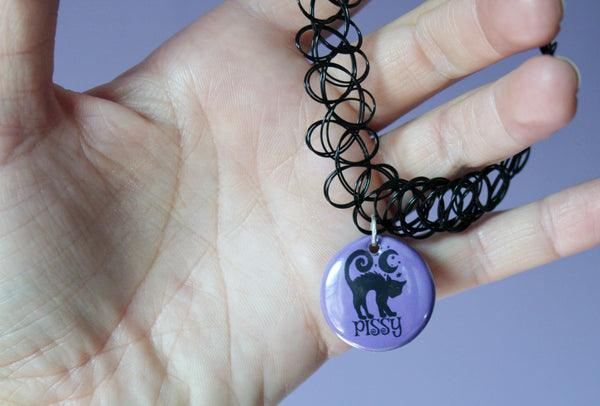 Pissy Cat Tattoo Choker in Purple