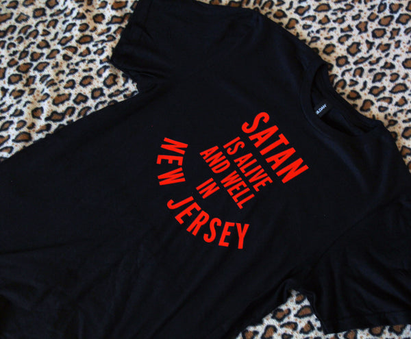 Satan is Alive and Well in New Jersey T-Shirt in Black and Red