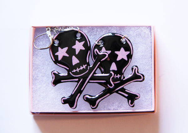 Pink Skull and Crossbones Resin Coated Earrings